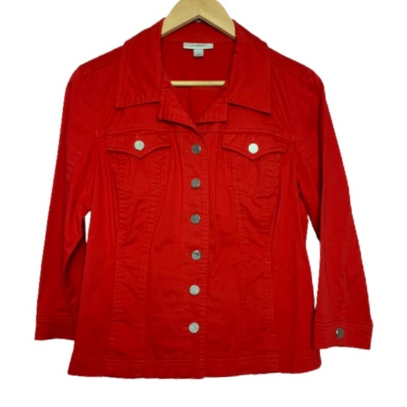Dress barn Vibrant Red Jean Jacket Some Stretch EUC L - Picture 1 of 8